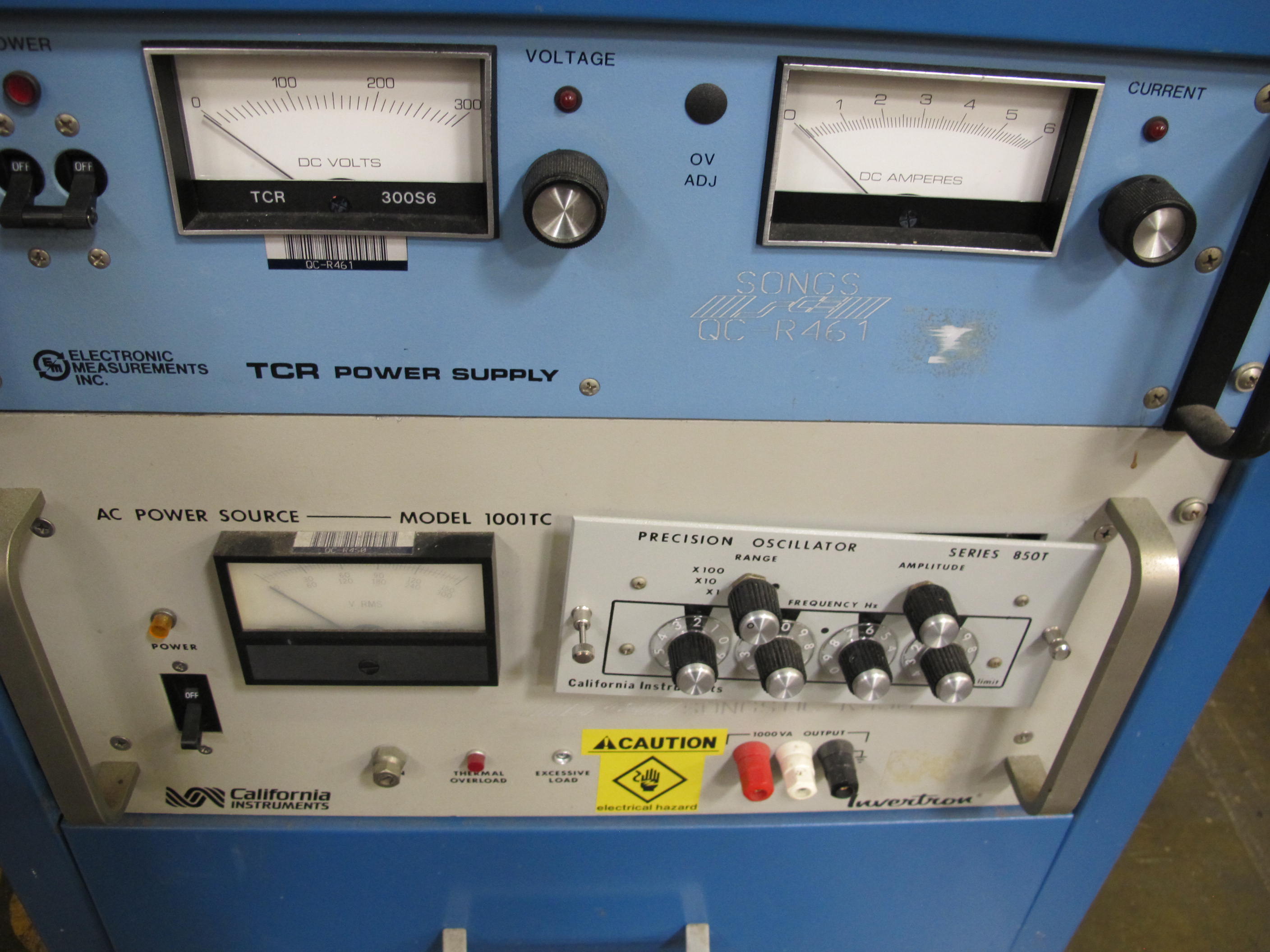 POWER SUPPLY CABINET, WITH ELECTRONIC MEASUREMENTS INC. TCR POWER SUPPLY, CALIFORNIA INSTRUMENTS INVERTRON MODEL 1001TC. LOADING & HANDLING FEE $15-4528